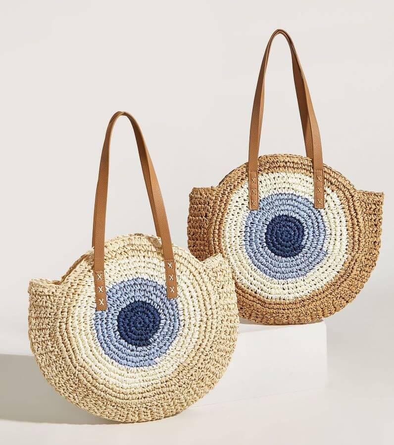 Color Block Straw Tote Bag